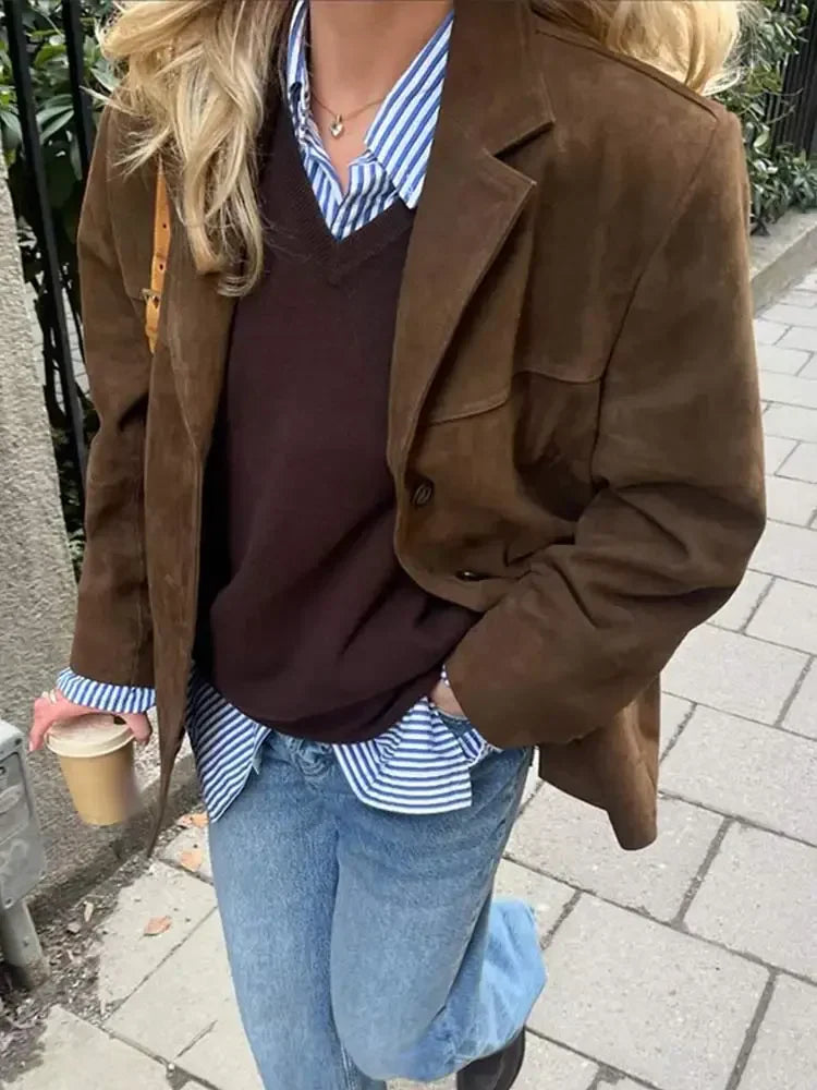 Woman Fashion Brown Lapel With Pocket Jacket Vintage Single Breasted Long Sleeve Short Coat Autumn Lady High Street Outerwear