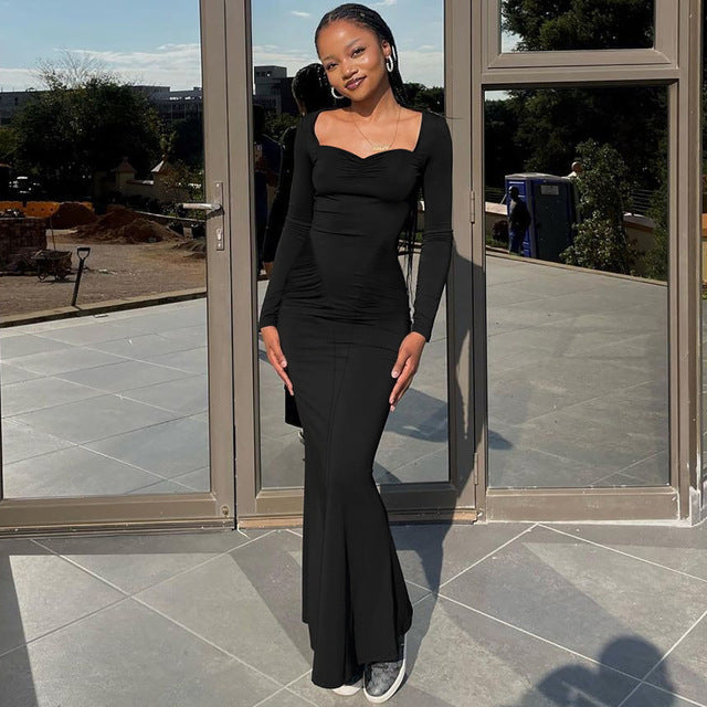 2025 Elegant Long Sleeve Party Dresses Sexy High Waist Slim Fit Women&#8217;s Evening Dress Fashion Solid Color Pleated Long Dresses