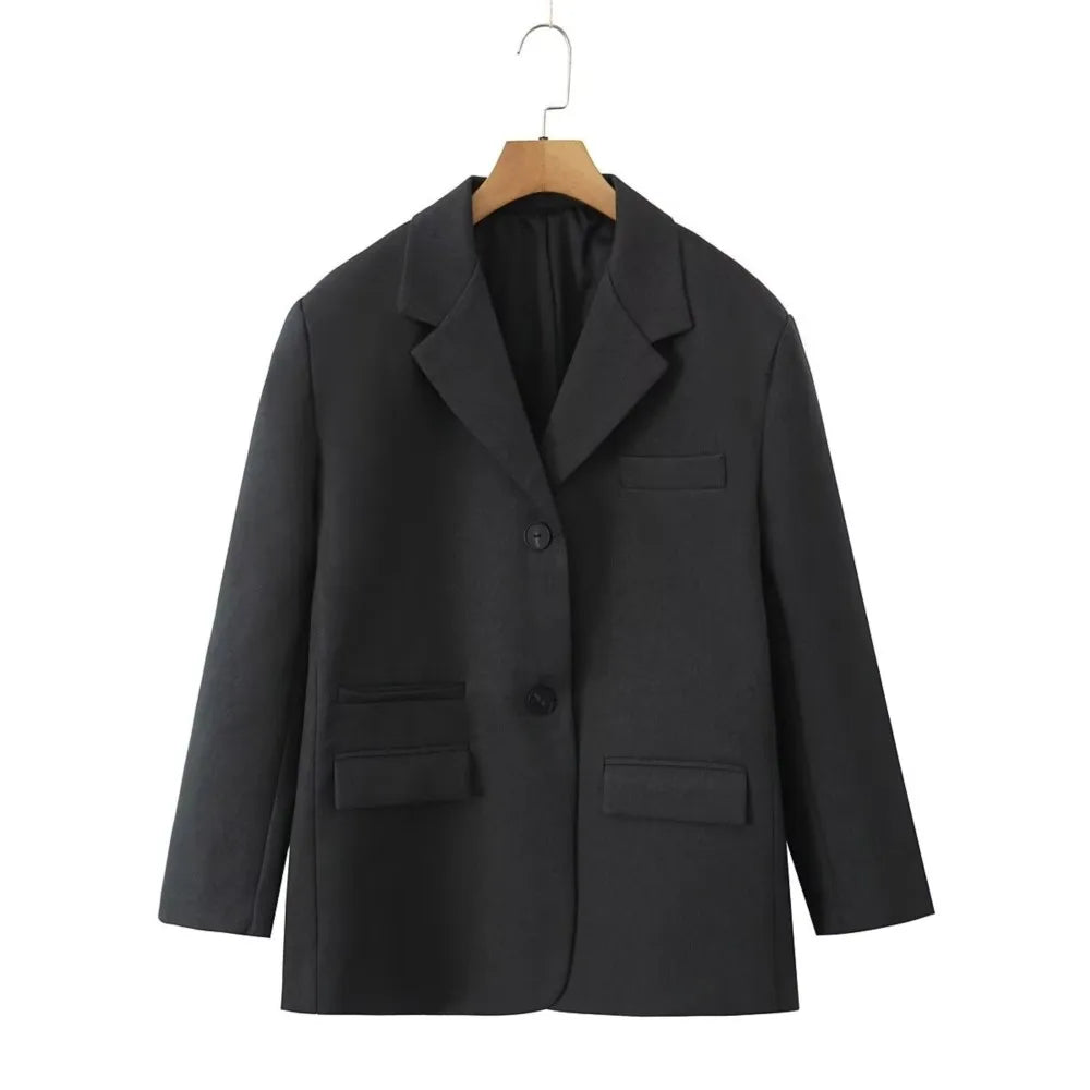 Chill Dark Gray Oversized Blazer Boyfriend Vintage Women Notched Collar Loose Suit Fashion Coat