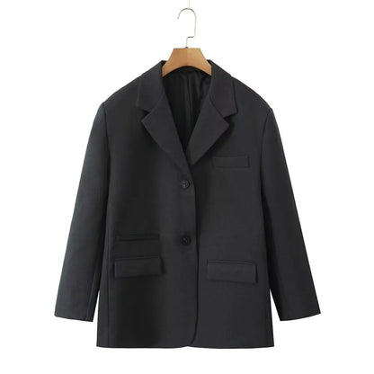 Chill Dark Gray Oversized Blazer Boyfriend Vintage Women Notched Collar Loose Suit Fashion Coat