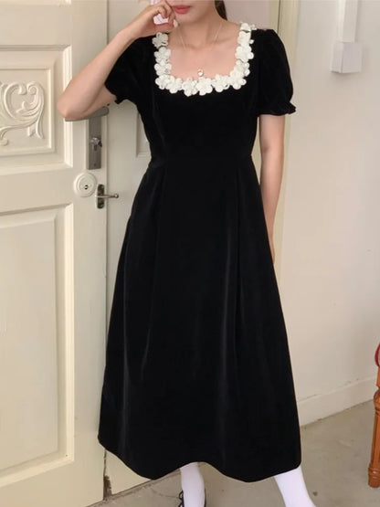 Autumn French Vintage Black Velvet Midi Dresses for Women Puff Sleeves Square Collar A-line Korean Fashion Vestido Mujer New