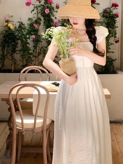 Elegant Vintage Midi Dresses for Women Summer New Square Collar High Waist Princess Party Dress Casual A-line Vestido Mujer