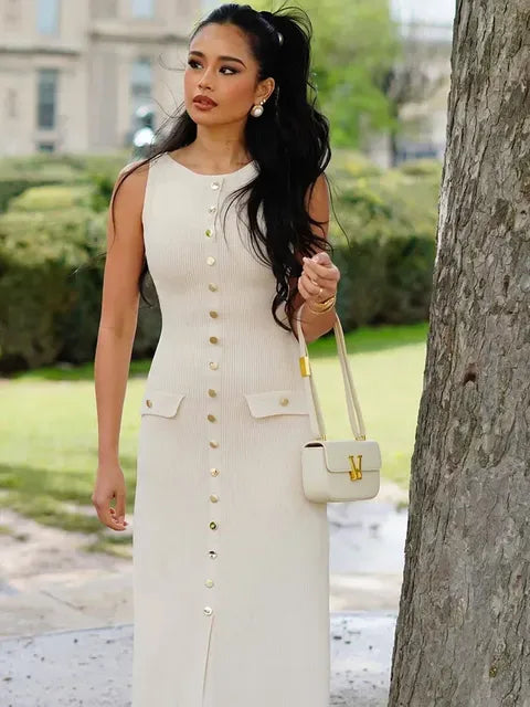Elegant Knit Ribbed Long Dress For Women Slim Fashion Sleeveless Patchwork High Waist Pocket Dress Women’s Maxi Dress
