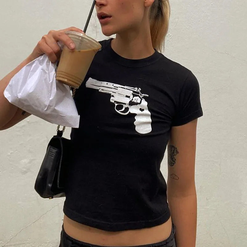 Y2K European and American Street Women’s Pistol Funny Print Short Naked T-shirt Fashion Slim Fit Casual Top