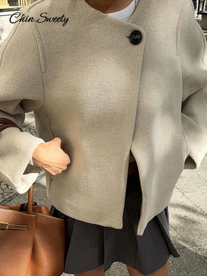 Elegant Solid Woolen Blend Jacket For Women Fashion Button O-neck Long Sleeve Coat  New Autumn Winter Commute Warm Outwear