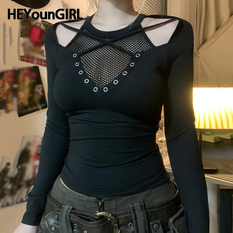 Gothic Style Fishnet Patchwork T-shirt Grommet Eyelet Fashion Black Off Shoulder Fitted Top 2000s Vintage Streetwear