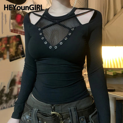 Gothic Style Fishnet Patchwork T-shirt Grommet Eyelet Fashion Black Off Shoulder Fitted Top 2000s Vintage Streetwear