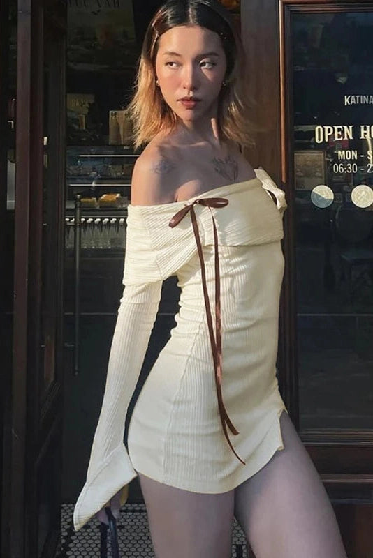 Off-Shoulder Lace Up Mini Dress with Flare Sleeves and Split Hem