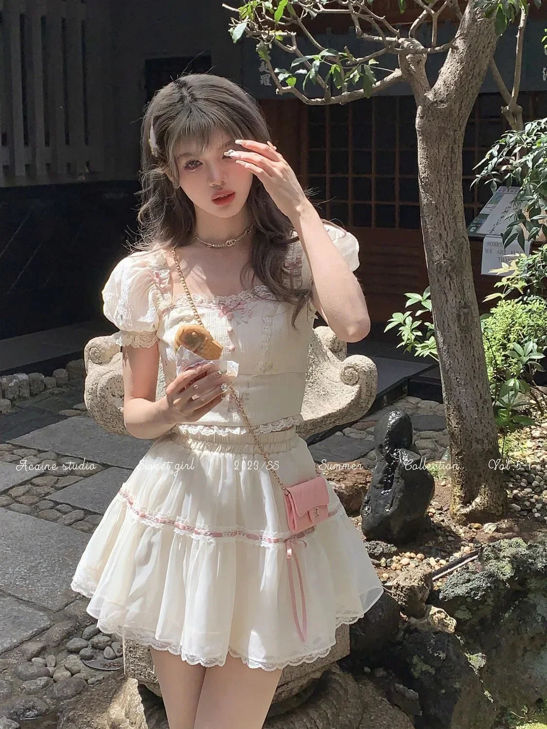 Voguable Sweet Square Neck 2 Piece Dress Set Short Sleeve Y2k Crop Tops + Casual Mini Skirt Korean FeSuit