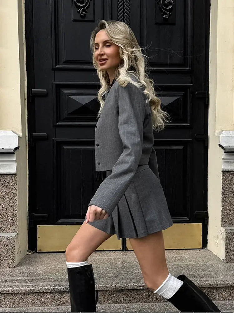 Striped Short Jackets Skirts Set Women Casual Long Sleeve Suit Coat Mini Skirt Sets Female Elegant Chic Gray Outfits Streetwear