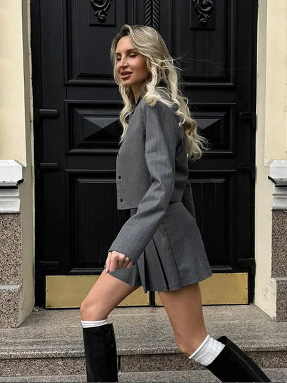 Striped Short Jackets Skirts Set Women Casual Long Sleeve Suit Coat Mini Skirt Sets Female Elegant Chic Gray Outfits Streetwear