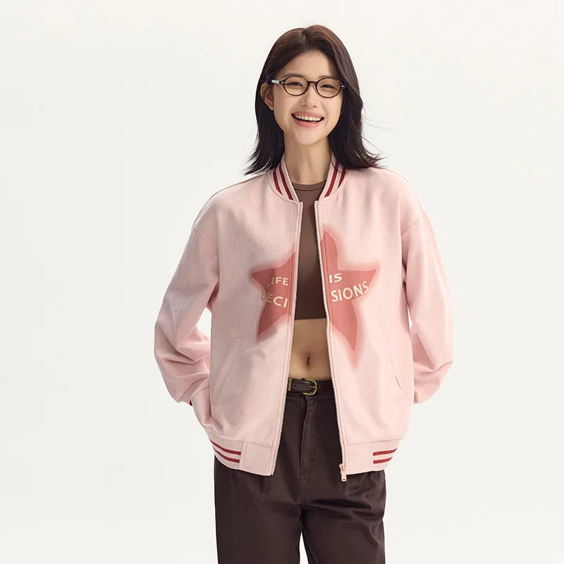 Coat Women Mid-Length Imitation Suede Loose Contrast Color Jacket Autumn Letter American Retro Star Baseball Coat