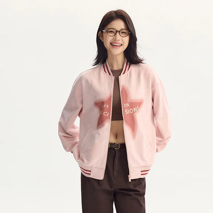 Coat Women Mid-Length Imitation Suede Loose Contrast Color Jacket Autumn Letter American Retro Star Baseball Coat