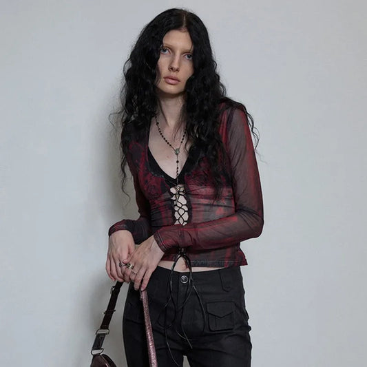Vintage Tattoo Print Mesh Top
