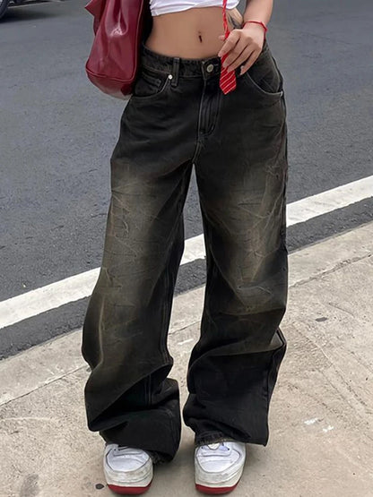 American Retro Casual Straight Leg Jeans Woman Vintage Street Style Distressed Denim Pants