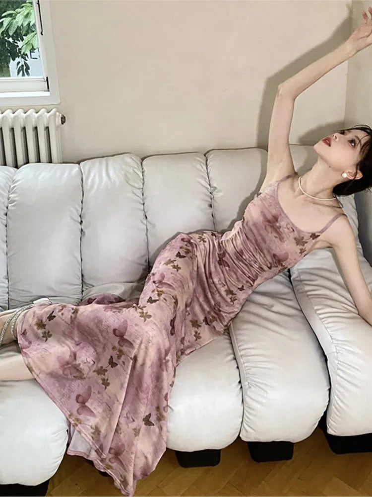 Sexy Printed Long Dresses for Women Mesh Spaghetti Strap Slim A-line Party Dress Summer Korean Fashion One Piece Vestido Mujer