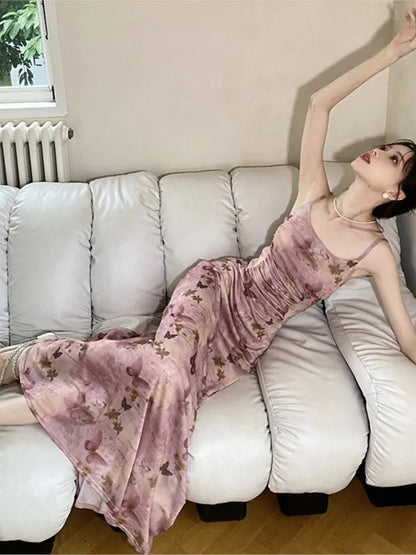 Sexy Printed Long Dresses for Women Mesh Spaghetti Strap Slim A-line Party Dress Summer Korean Fashion One Piece Vestido Mujer