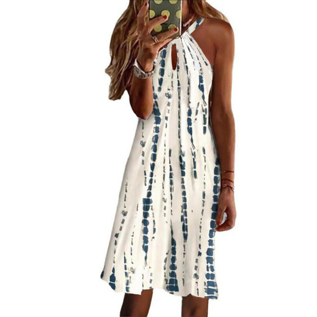 Simple Print Halter Neck Mini Dresses Women Fashion Casual Hollow Out Backless Sleeveless Dress Lady Commuting Short Vestidos