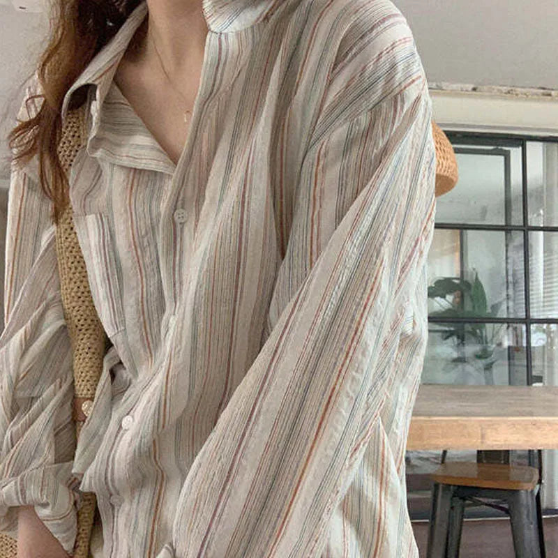 Y2k Lazy Casual Retro Pinstripe Shirt Comfortable Tops Stand Collar Loose Lazy Breathable Sunscreen Clothes