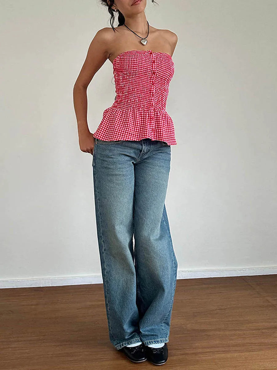 Y2k Red Gingham Crop Top Womean Strapless Ruffle Hem Sleeveless Button Cami Coquette Aesthetic Plaid Print Crop Top Summer