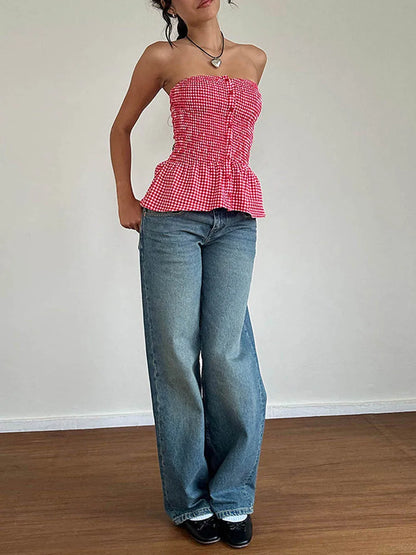 Y2k Red Gingham Crop Top Womean Strapless Ruffle Hem Sleeveless Button Cami Coquette Aesthetic Plaid Print Crop Top Summer