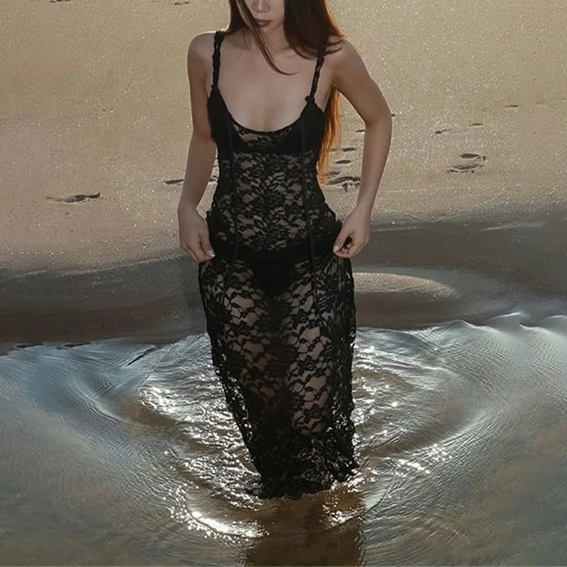Lace Dresses Women Summer Sheer See Through Spaghetti Strap Sleeveless Bodycon Long Dress Sexy Evening Party Dresses