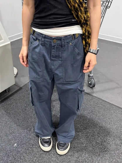 American Retro Multi Pocket Jeans for Women Y2k High Waist Loose Wide Leg Pants Early Autumn New Straight Trousers
