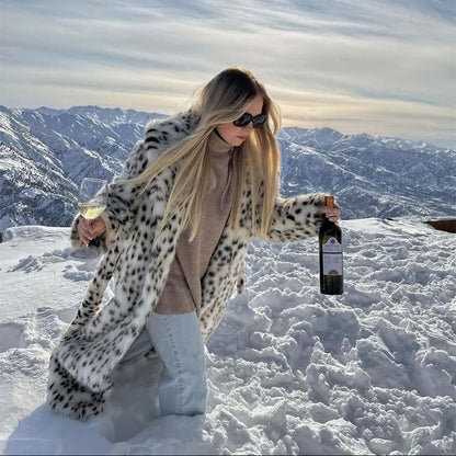 Exclusive Winter  Long Belted Leopard Faux Fox Fur Coat Women Overcoats Ladies Stylish Street Fashion Fluffy Fox Fur Jacket
