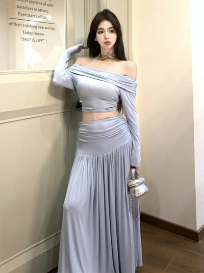 Autumn Women’s Solid Two-piece Skirt Set Slash Neck Cropped Top High Waist Long Skirt Korean Fashion Ladies Outfits Streetwear