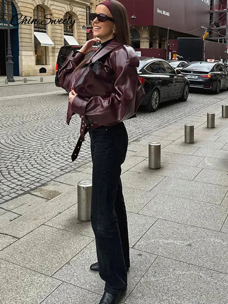 Casual Leather Short Leather Jacket With Belt Lapel Long Sleeved Cropped Coat  New Fashion Lady Street Party New Outwears _