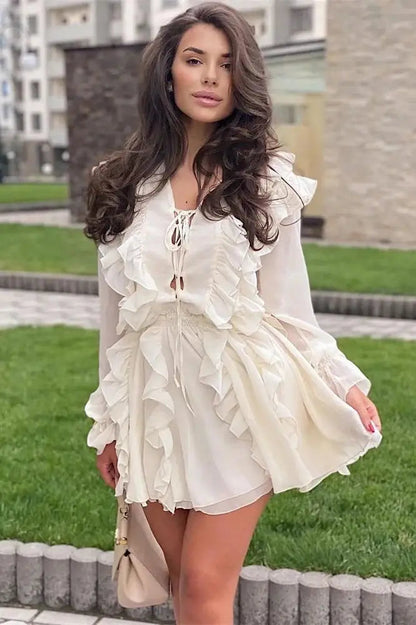 V-Neck Lace-Up Ruffled Mini Dress