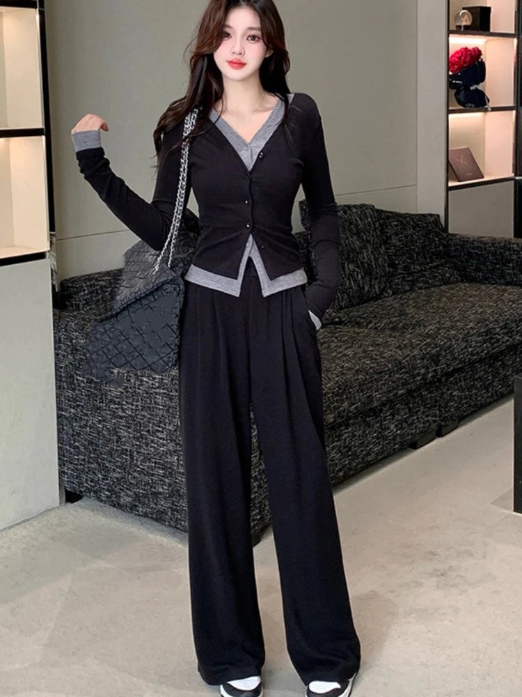 Autumn Casual Two-piece Pants Set Women Long Sleeves V-neck Single Breasted Top Wide Leg Pants Korean Fashion Outfits New