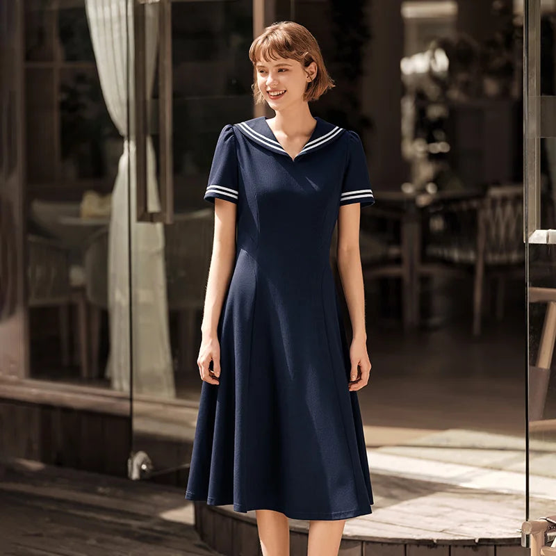 Dress Women Navy Collar With A Collegiate And Artistic Style  Summer New White Moonlight Waist-Cinched Long Dress