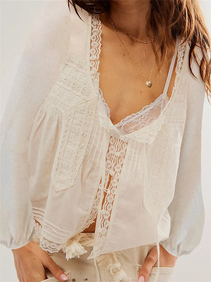 Women Long Sleeve Loose Casual Lace Patchwork Blouse