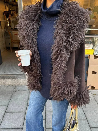 Elegant Coffee Solid Fur Patchwork Cardigan Jacket For Women Fashion Long Sleeve Warm Loose Coats Lady High Streetwear New