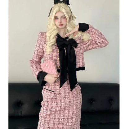 Autumn Winter New Korean Fashion Elegant Two-piece Skirt Set Women Crop Jacket Coat Bodycon High Waist Midi Skirt Luxury Outfits