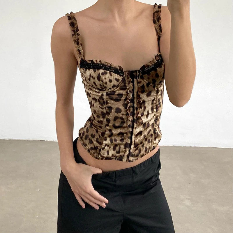 Y2K Leopard Print Square Collar Tank Top Lace Patchwork Lettuce Trim Hook Crop Tops Vintage Lady Fashion Streetwear