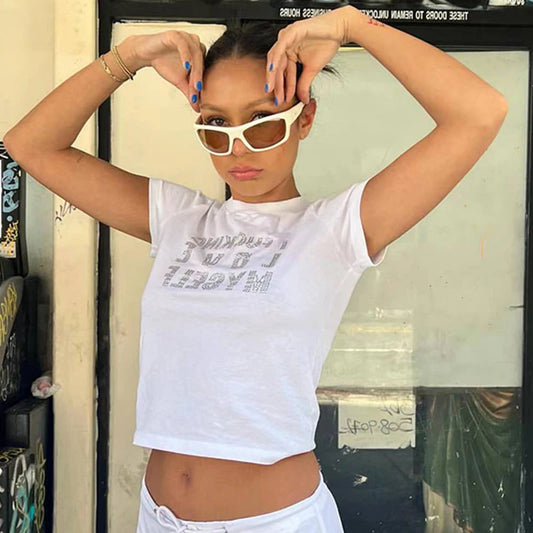 Summer European and American style short sleeved T-shirt with letter hot diamond top, t-shirt with slim fit inside for women