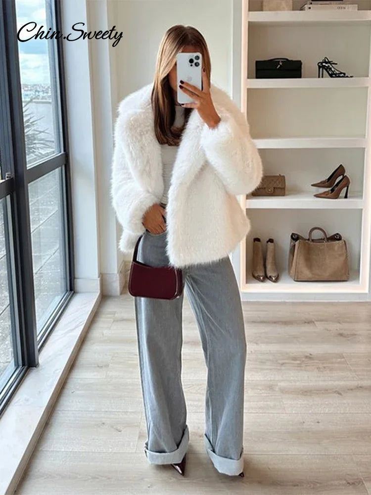 Fluffy Faux Fur Coat Women Elegant Loose Lapel Plush Long Sleeve Buckle Thick Jacket  Autumn Winter Solid Warm Overcoat New