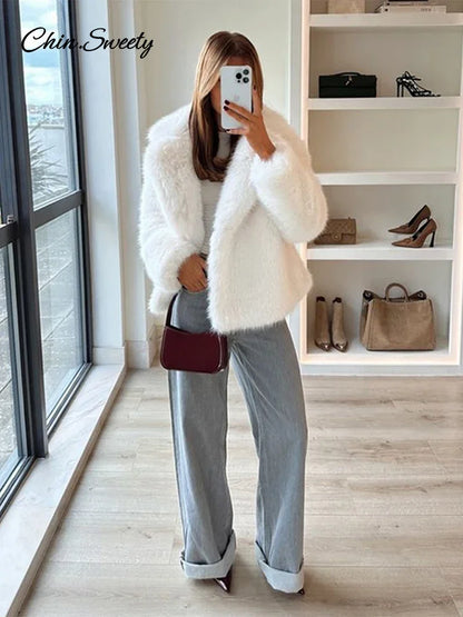 Fluffy Faux Fur Coat Women Elegant Loose Lapel Plush Long Sleeve Buckle Thick Jacket  Autumn Winter Solid Warm Overcoat New