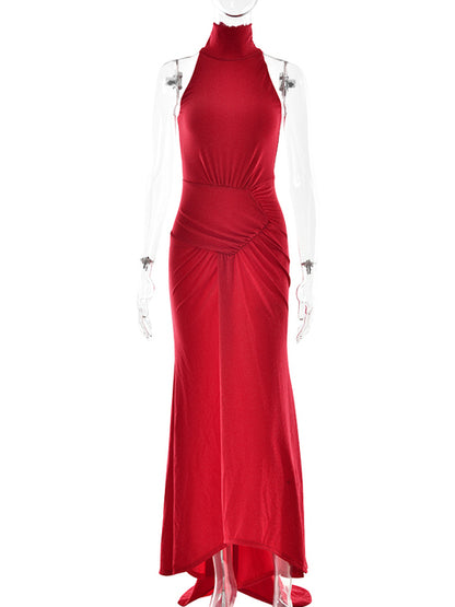 Elegant Sleeveless Elastic Tight Women Dress High Neck Bodycon Pleated Long Party Evening Dress AutumnWinter New Vestido