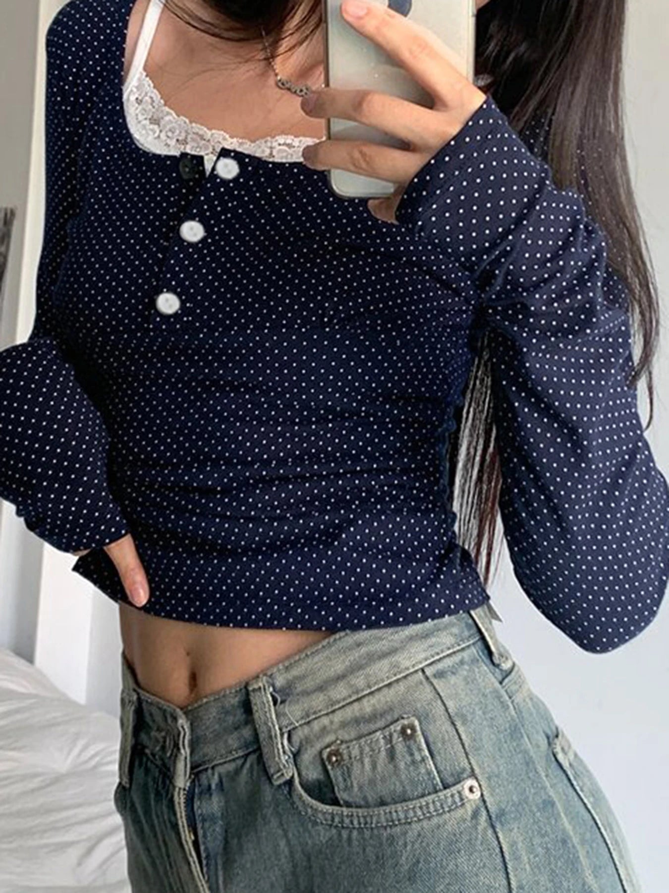 Dot Print Slim Y2K Long Sleeve T-Shirt Women Contrast Lace Patchwork Button Up Square Collar Cute Japanese Kawaii 2000s Tees