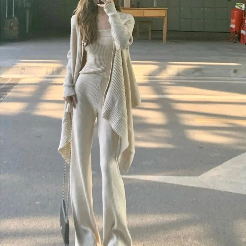 Autumn Winter Solid Knitted 3-piece Set Women Tank Top Long Pants Cardigan Sweater Pullover Korean Fashion Casual Outfits New