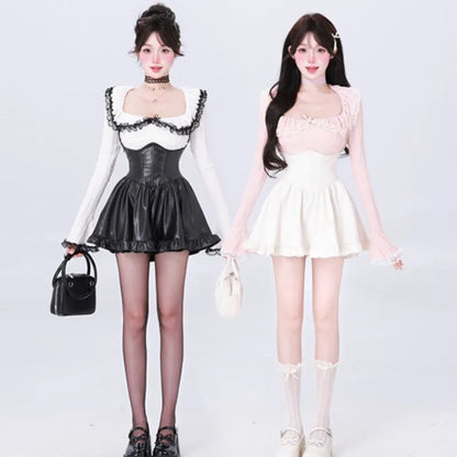 Y2K Two-piece Skirt Set Lace Square Collar Long Sleeve Top High Waist Halter Mini Skirt Korean Fashion Kawaii Sexy Outfits New