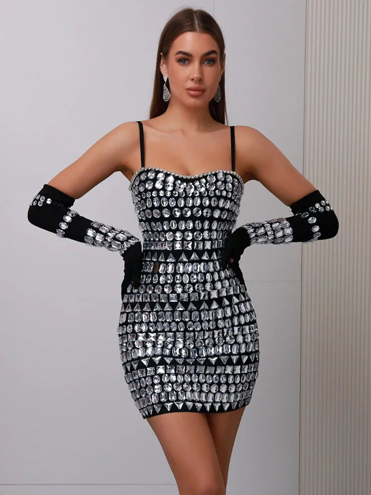 Isolde Rhinestone Bandage Dress with Matching Gloves