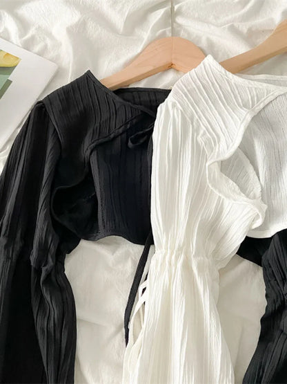 Y2k Sun Protection Cardigan Women' Clothing Thin Crop Tops Bandage Long Sleeve Blouse Cape Femme Ruffles Korean Sweater