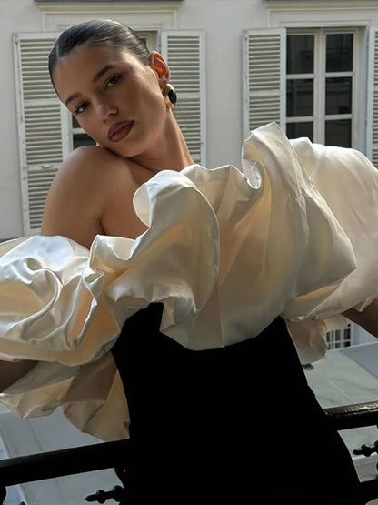 Elegant Off Shoulder Floral Long Dresses Women Vintage Slim Black Patchwork Petal Sleeves Robes Female Versatile Party Evening