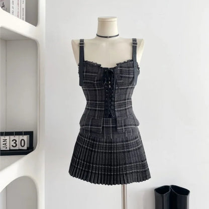 Autumn Korean Retro Sweet 3 Piece Set Women White Shirt + Strap Vest + Pleated Skirt Design College Style Fashion Y2k Suit