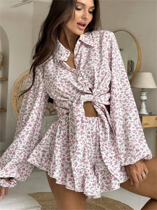 Printed Lace-Up 2 Piece-Set Shorts Outfits Female Lapel Contrast Patchwork Top Cardigan And High Waist Women&#8217;s Shorts Sets