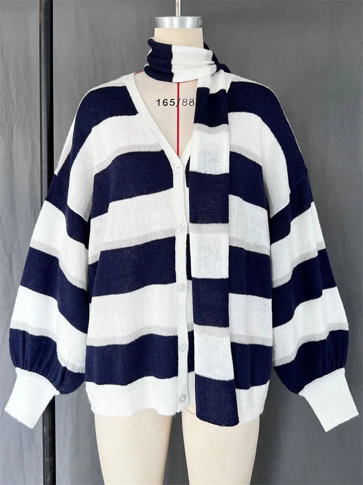 V-Neck Scarf Sweater Cardigan Female Contrast Casual Patchwork Autumn Hollow Out Outwear Women’s Knitwear Coat Cardigan